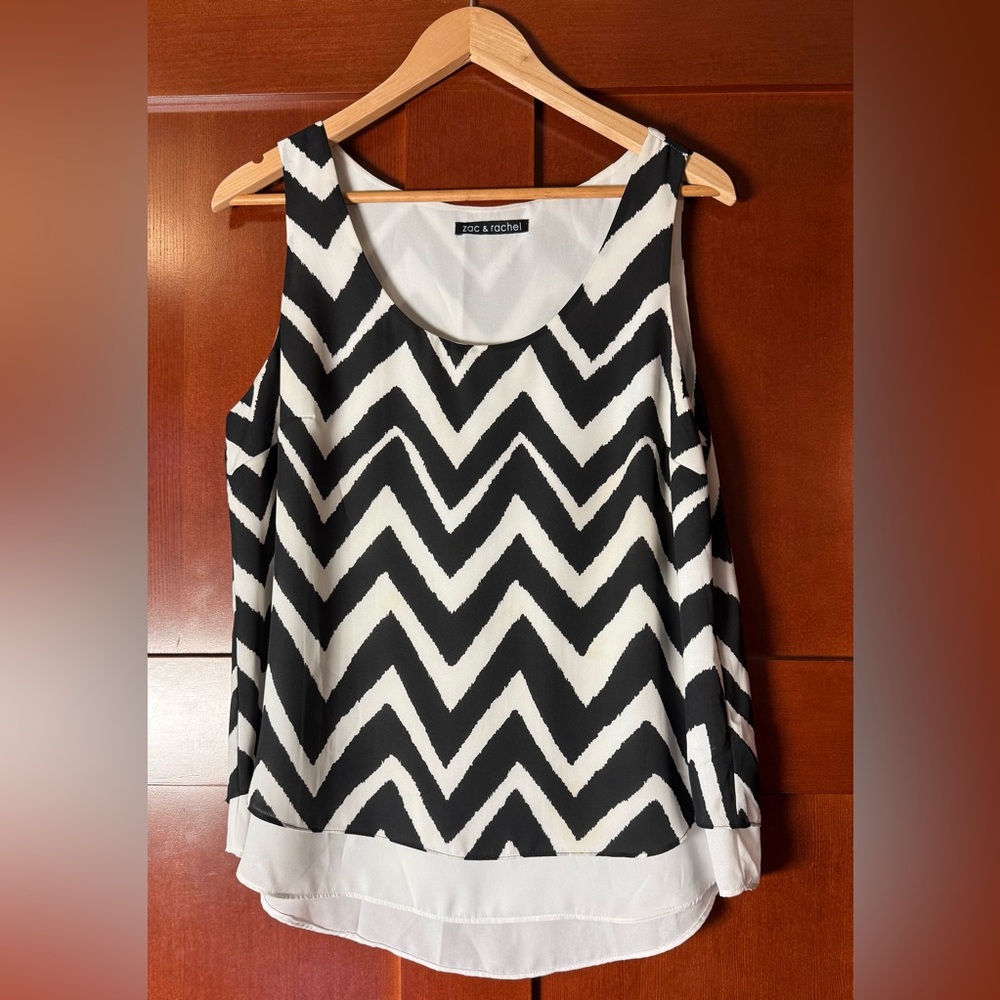 Zac & Rachel Black and White Zigzag Layered Tank Blouse Size XL